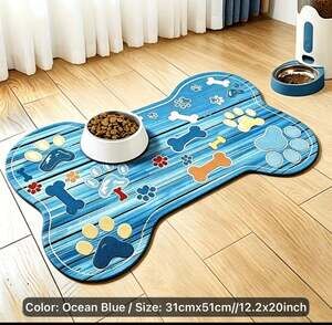 Non-Slip Quick-Dry Bone-Shaped Pet Feeding Mat Ocean Blue 12.2x20 Inch